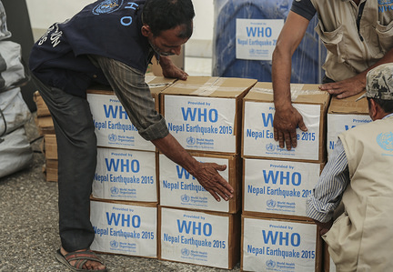 World Health Organization prepares Medical Camp Kit at the WFP warehouse in Bharatpur city in the central-southern part of Nepal.